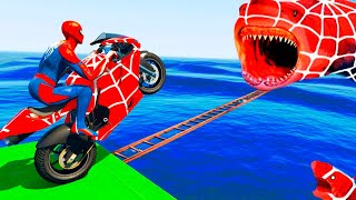 الأبطال الخارقين على القضبان دوامة قمع جسر 🚴‍♂️ SPIDER MANon Motorcycle in Spiral Bridge Stunt Rid [upl. by Serdna]