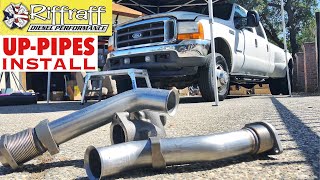 2001 F350 73  RiffRaff UpPipes Install  Stock up pipes leaking and falling apart JUNK SP [upl. by Aicekal]